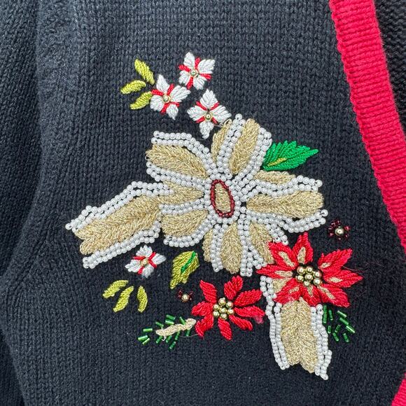 Mercer Street Studio M Black Red Beaded Floral Cardigan Sweater Holiday Vintage - Picture 2 of 10